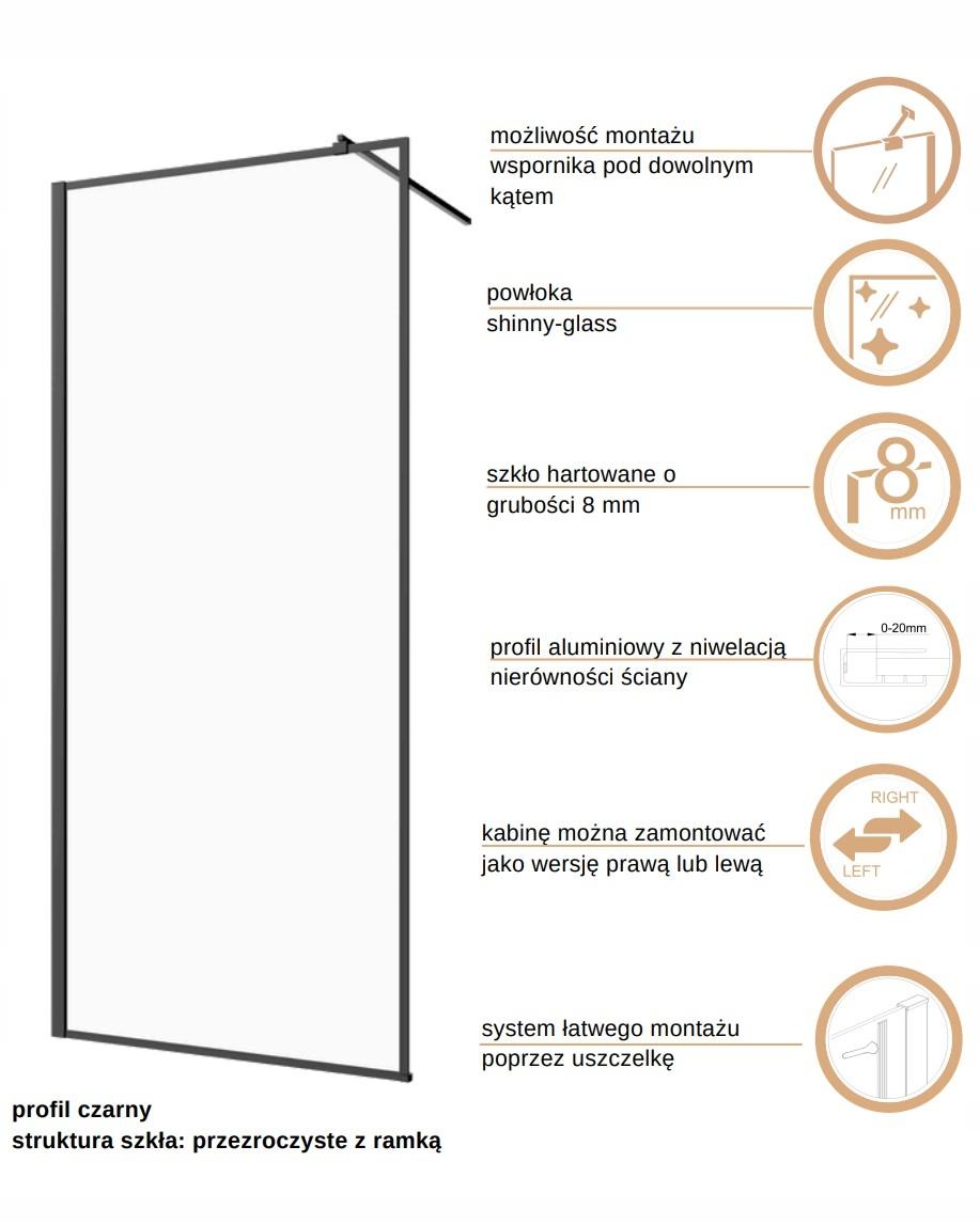 INVENA KABINA WALK-IN II 100X200CM RAMKA 8MM SHINY-GLASS CZARNY