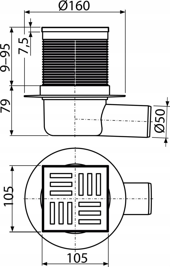 ALCADRAIN Kratka ściekowa 105×105/50 odpływ boczny kratka szara syfon mokry