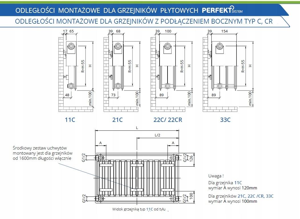 Polski grzejnik stalowy płytowy PERFEKT SYSTEM C33 500x1000 C 33 Boczny 48h