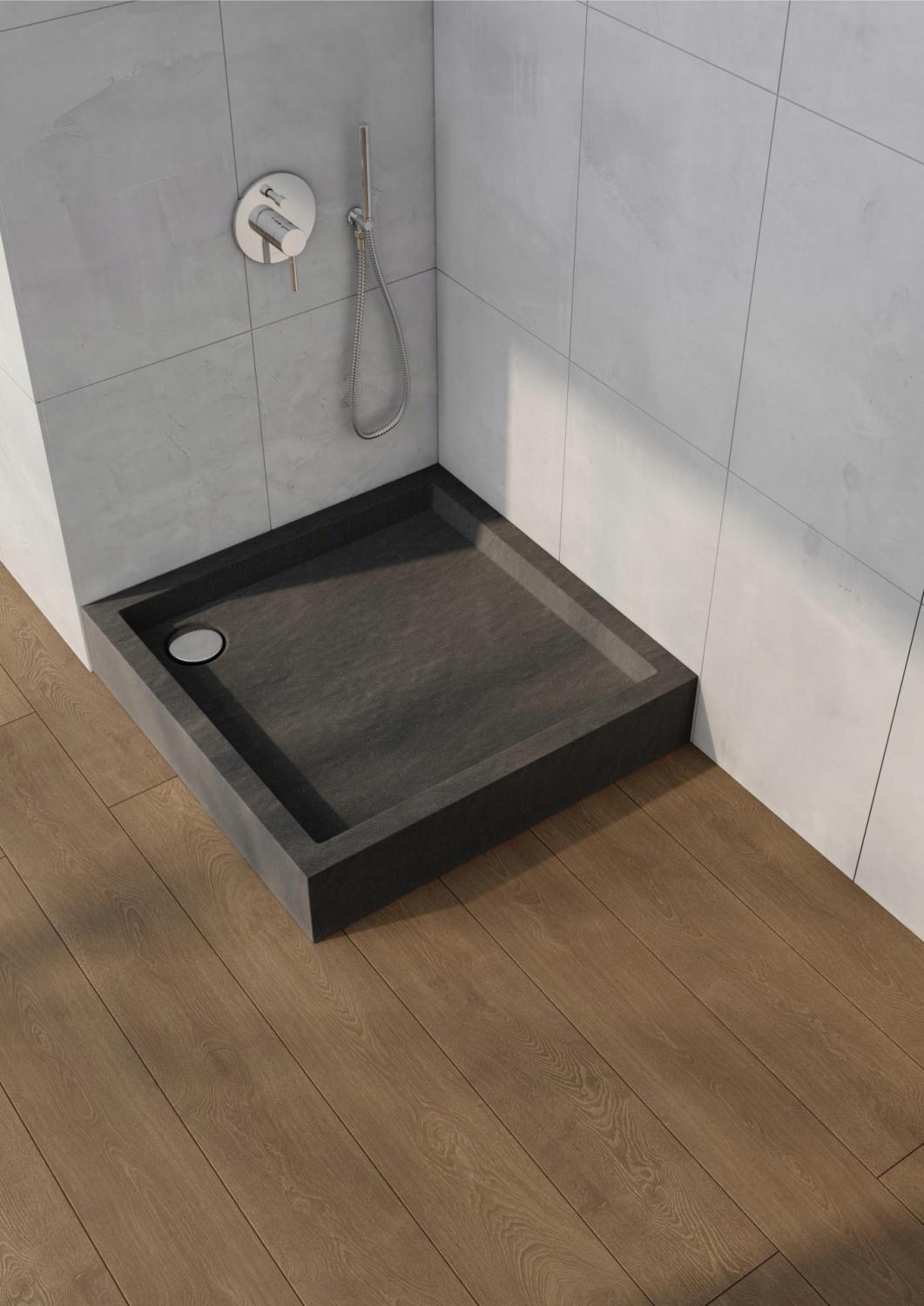 Brodzik akryl Medium z podbudową Stabilsound i panelem Black Stone 90x90
