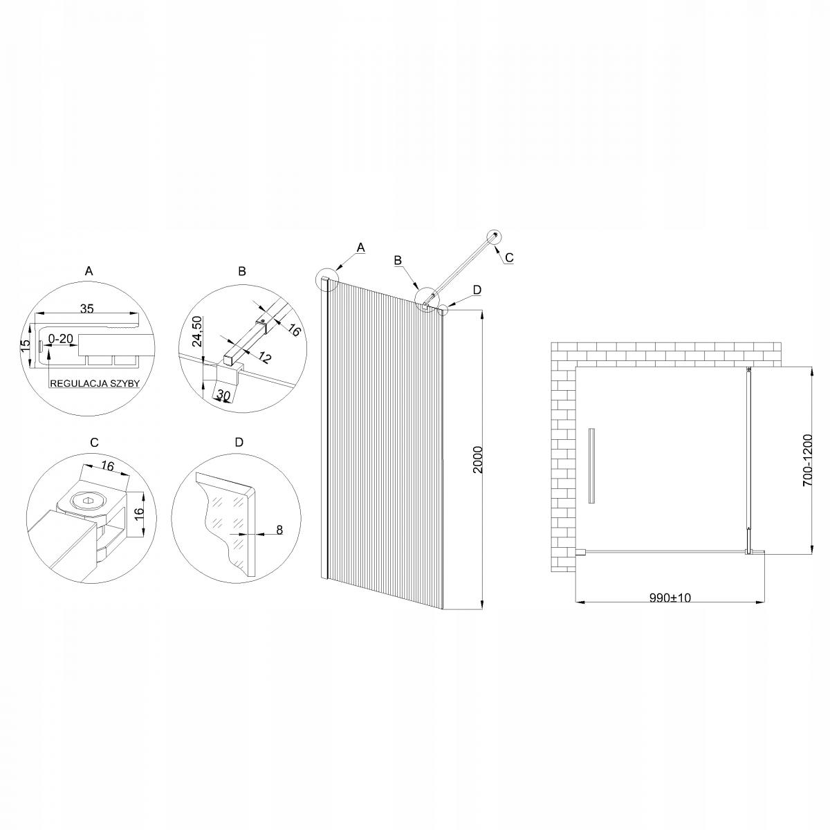 INVENA KABINA WALK-IN II 100X200CM RYFLOWANA 8MM SHINY-GLASS CHROM