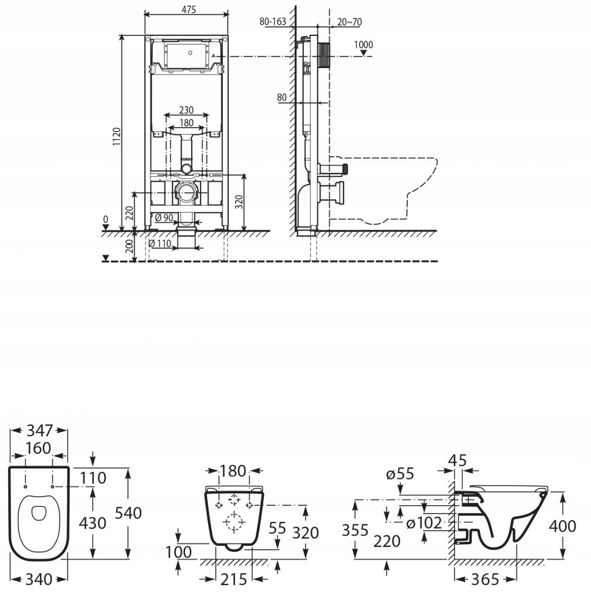 ROCA Zestaw stelaż WC Duplo One + miska WC GAP SQUARE Rimless z deską Slim