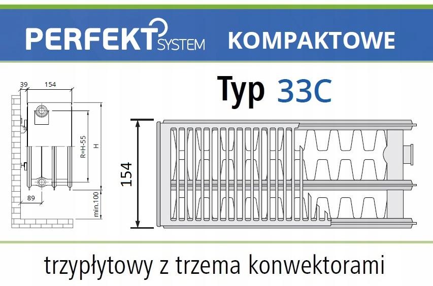 Polski grzejnik stalowy płytowy PERFEKT SYSTEM C33 500x1000 C 33 Boczny 48h