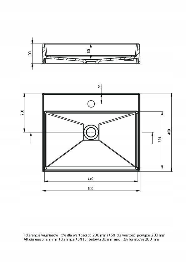 Umywalka granitowa stawiana na blat - 500x400 mm Correo, szary metalik