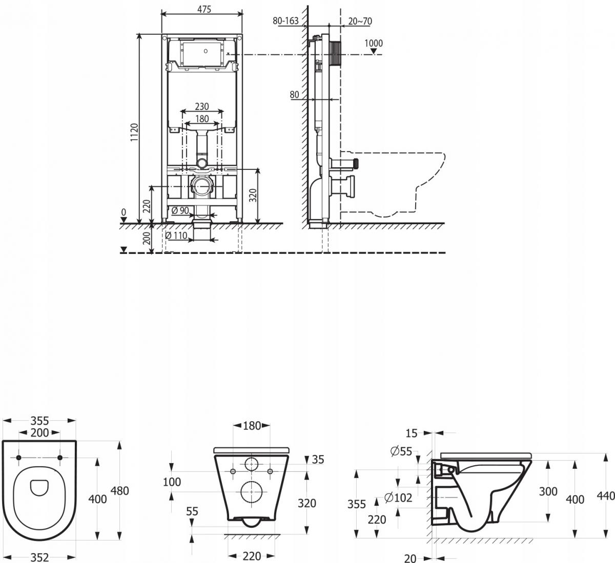 Zestaw stelaż WC Duplo One + miska WC GAP ROUND COMPACTO Rimless z deską Sl