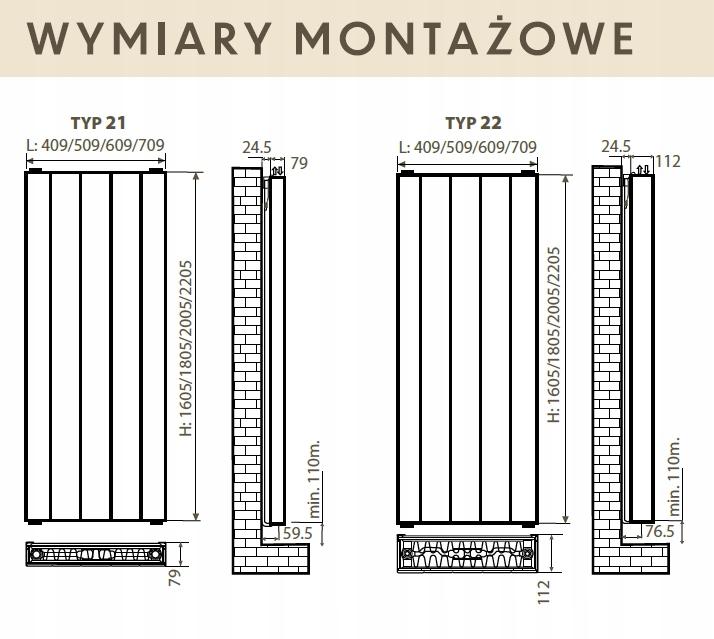 Polski grzejnik PIONOWY STYLE LINE 1600x400 moc:1019 PERFEKT 21 Dolny 48h