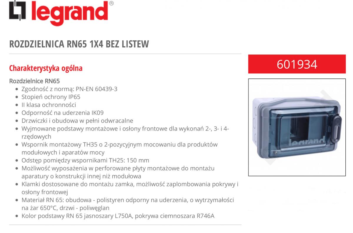 LEGRAND Rozdzielnica natynkowa RN65 IP65 bez listew 1x4 moduły