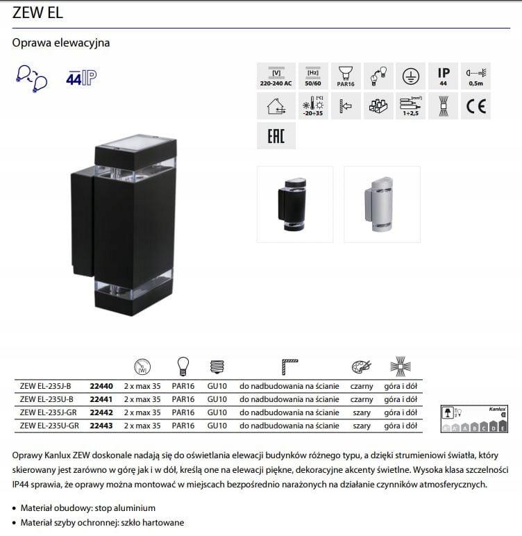 KANLUX Oprawa elewacyjna ZEW EL235, 2xGU10, 35W, IP44, czarna