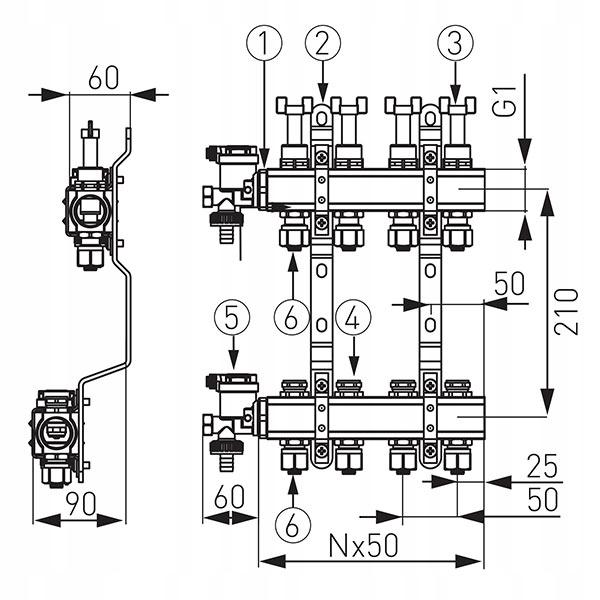 Rozdzielacz 10-drogowy z zaworami termostat i przepływomierzami, standard