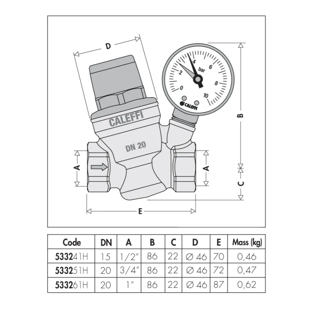 CALEFFI Regulator ciśnienia wersja skośna z manometrem 3/4 cala 533251 48h