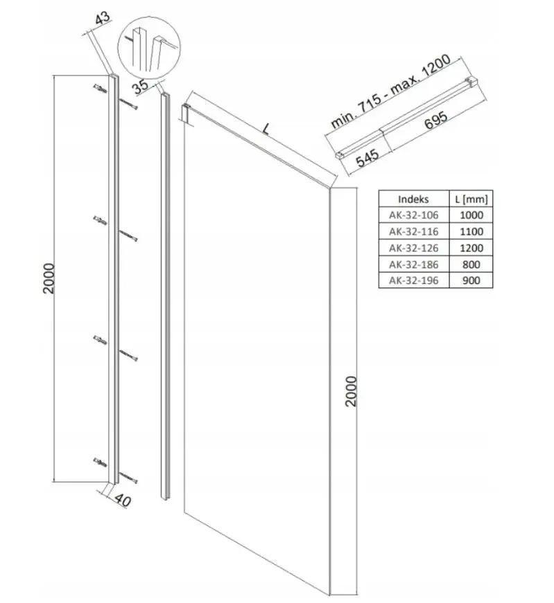 INVENA KABINA WALK-IN 100X200CM SZ.TRANSP.8MM SHINY-GLASS CZARNY