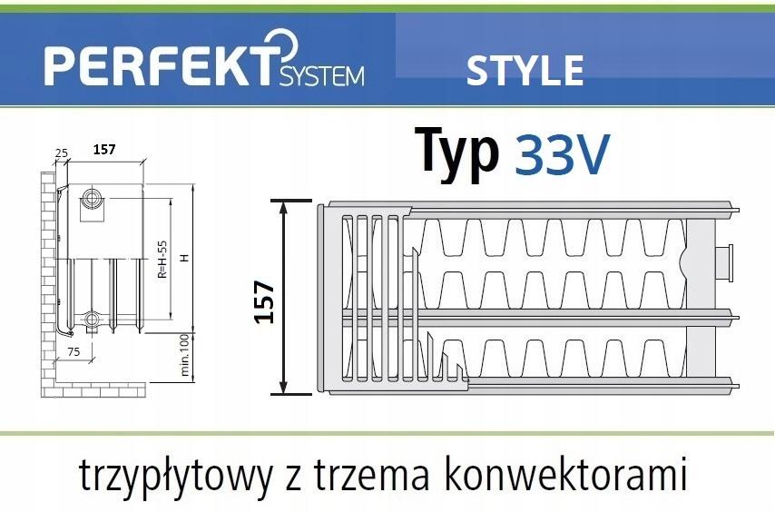 Polski grzejnik dekoracyjny PERFEKT STYLE LINE CV33 900x400 V 33 Lewy 48h