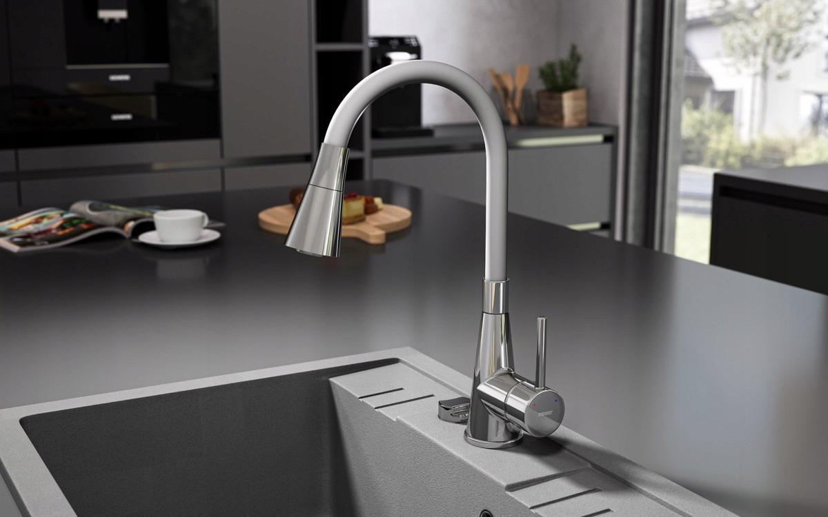 FERRO Bateria zlewozmywakowa Zumba II, srebrna elastyczna wylewka 2F, chrom