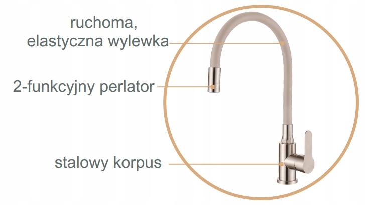 INVENA BATERIA ZLEWOZMYW KSANTI INOX Z RUCHOMĄ 2F WYLEWKĄ INOX/BIAŁA