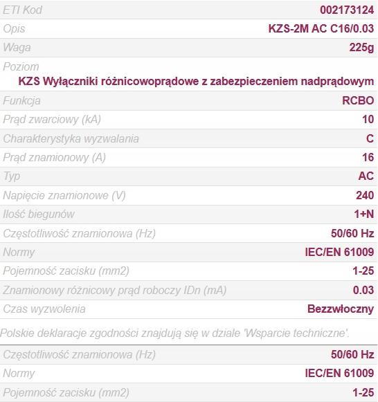 Wyłącznik różnicowoprądowy z zabezpieczeniem nadprądowym KZS-2M AC C16/0.03