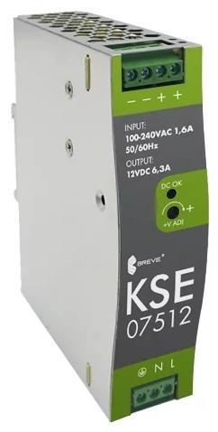 Zasilacz impulsowy KSE 07512M 230/ 12VDC 6,3A 75,6W na szynę DIN, Uzas: 96-