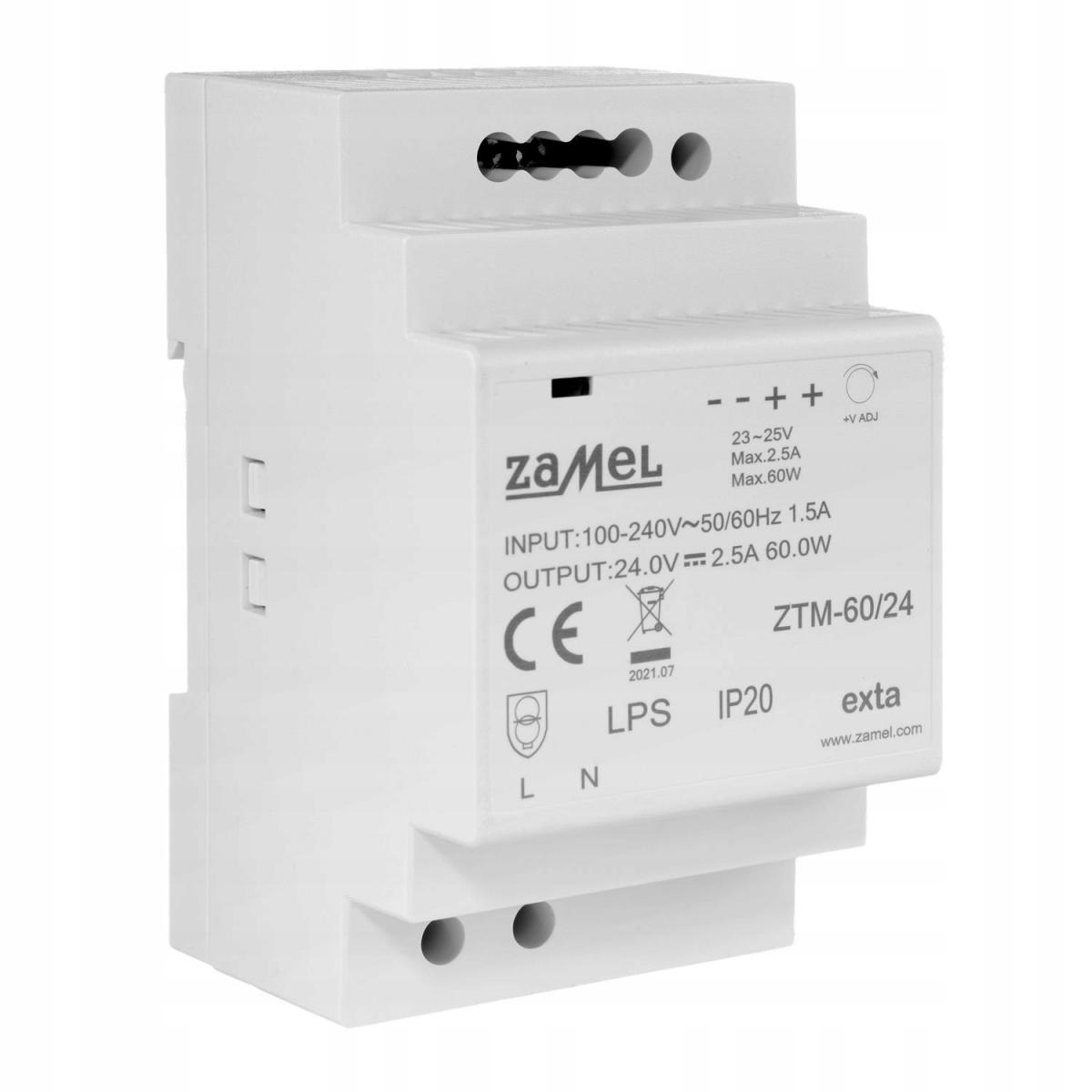 Zasilacz impulsowy montowany na szynie TH-35 (DIN), 60W, 24V DC ZTM-60/24