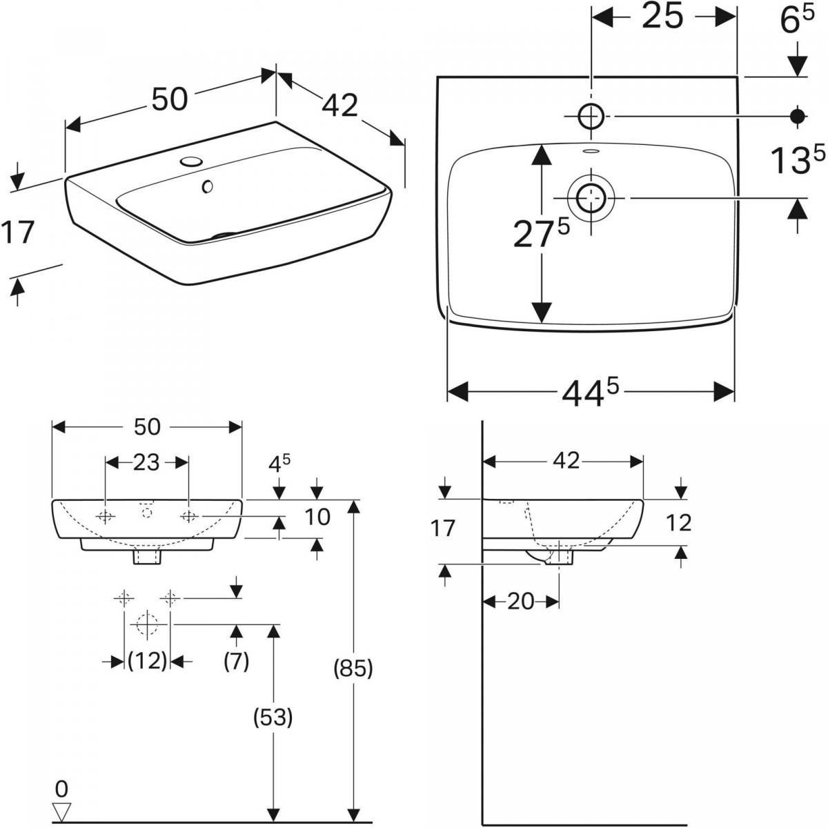 Umywalka kompaktowa Selnova Square B50 cm, H17 cm, T42 cm, z przelewem, z o