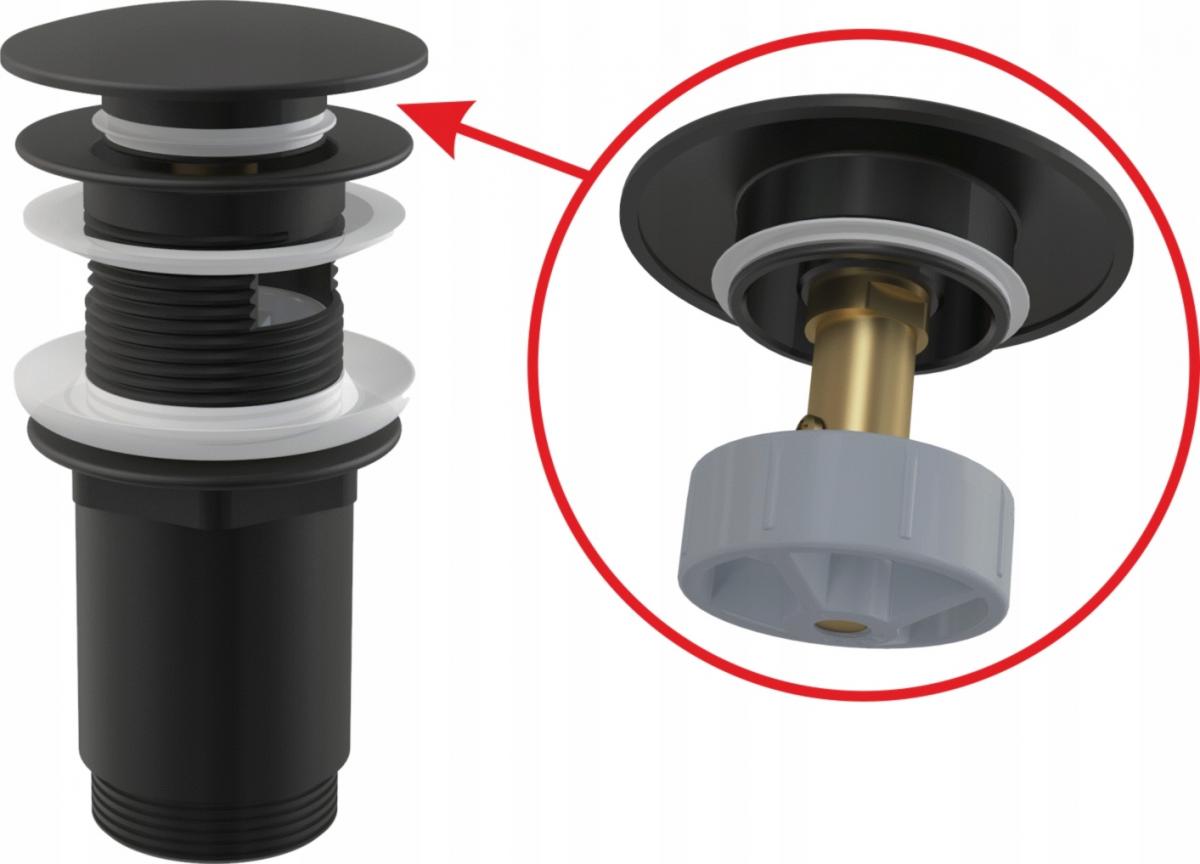 Spust umywalki Clik-Clak 5/4 metalowy z przelewem, duży korek, czarny