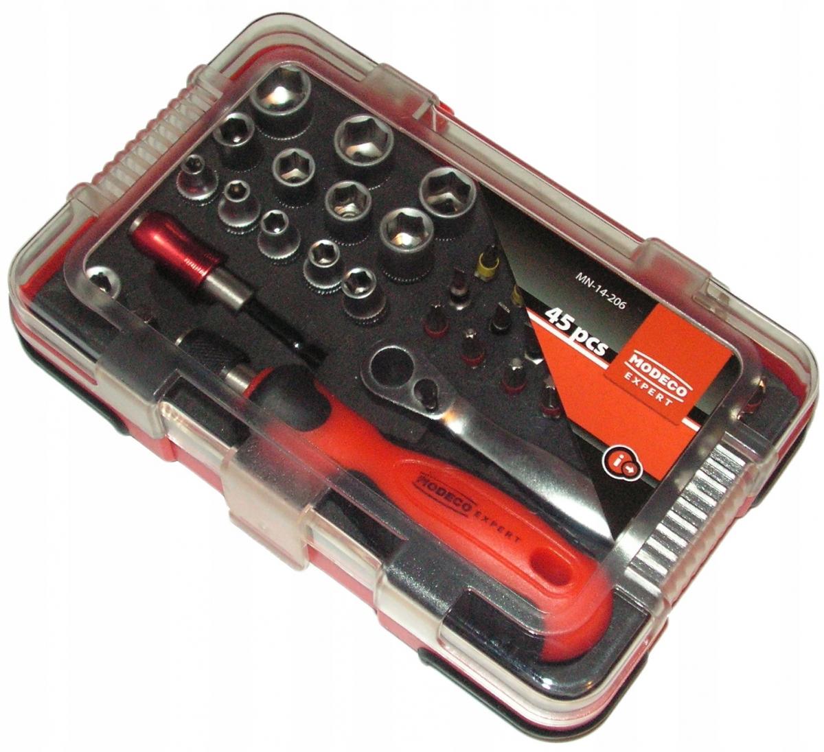 Zestaw wkrętak minigrzechotka nasadki bity PVC box 45cz