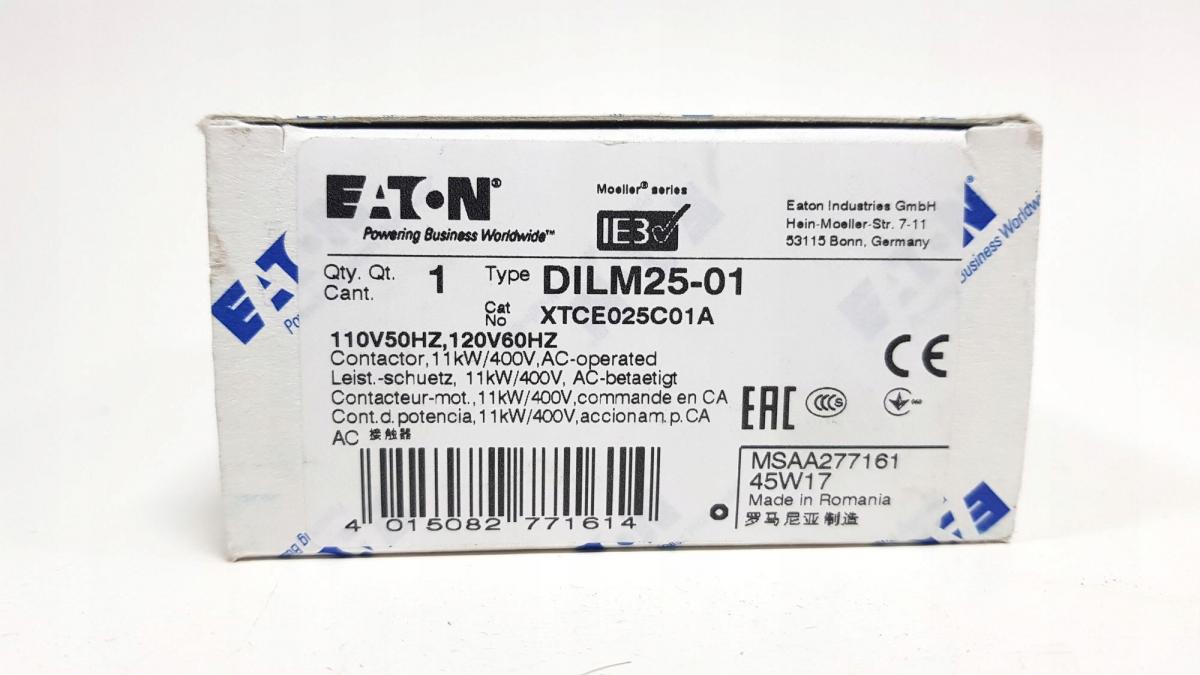 EATON Stycznik mocy I=25A [AC-3] 0Z 1R DILM25-01(230V50HZ,240V60HZ)