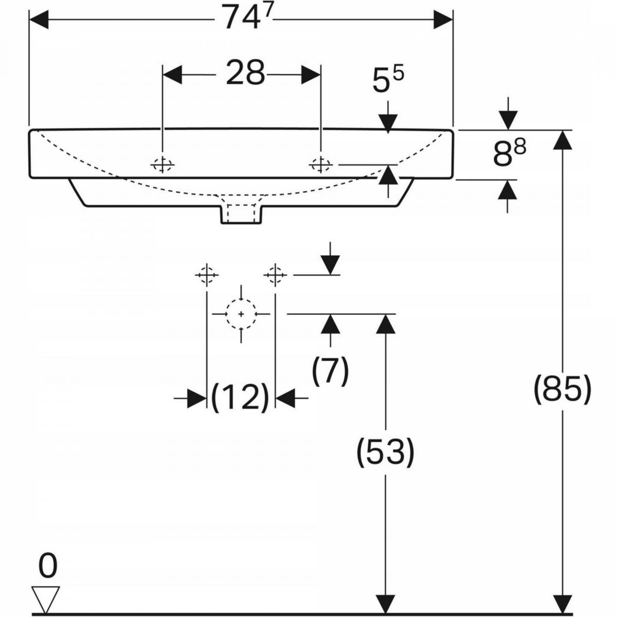 Umywalka Smyle Square B75 cm, H16.5 cm, T48 cm, z przelewem, z otworem na b