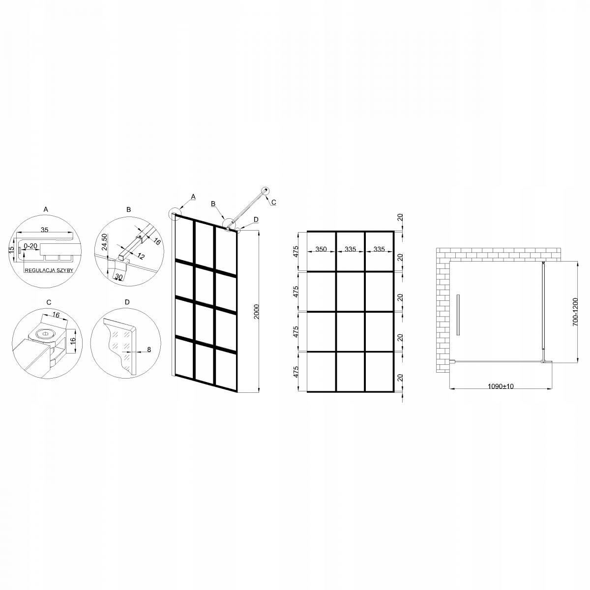 INVENA KABINA WALK-IN II 110X200CM GEOMETRYCZNA 8MM SHINY-GLASS CZARNY
