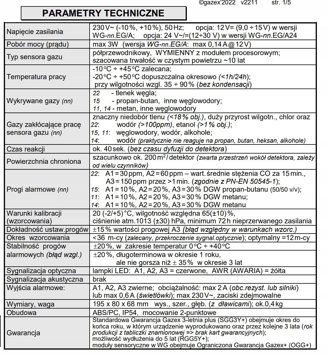 Detektor tlenku węgla WG-22 230V CO, 30/60/150ppm (s15), sensor p-p, zasila