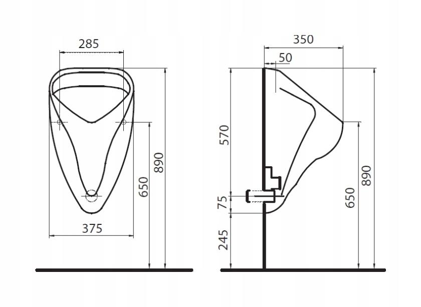 Pisuar Alex, B38 cm, H64.5 cm, T35 cm, dopływ u góry, odpływ do tyłu