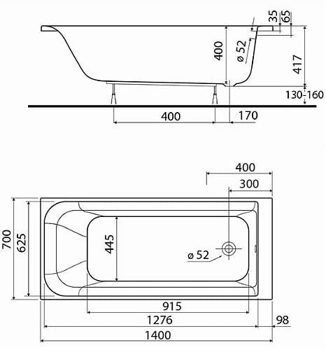 KOŁO Wanna akrylowa prostokątna GEBERIT Rekord 1400 700 mm biała