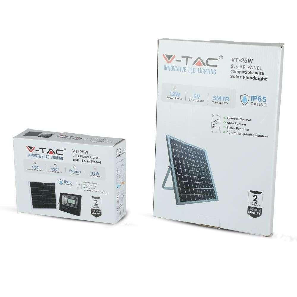 Projektor LED Solarny V-TAC 12W Czarny IP65, Pilot, Timer VT-25W 4000K 550l