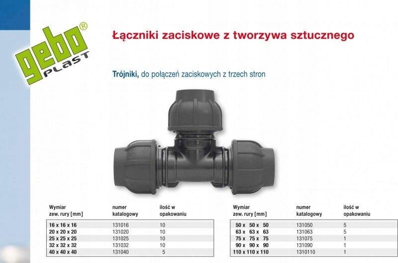 GEBO Trójnik zaciskowy PP 90st. 63x63x63 PN16, do rur PE, kolor czarny