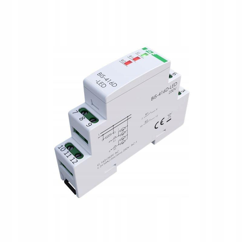 Przekaźnik bistabilny 2 kanałowy on/off, BIS-416D-LED Un=230V,I=2x10A InRus
