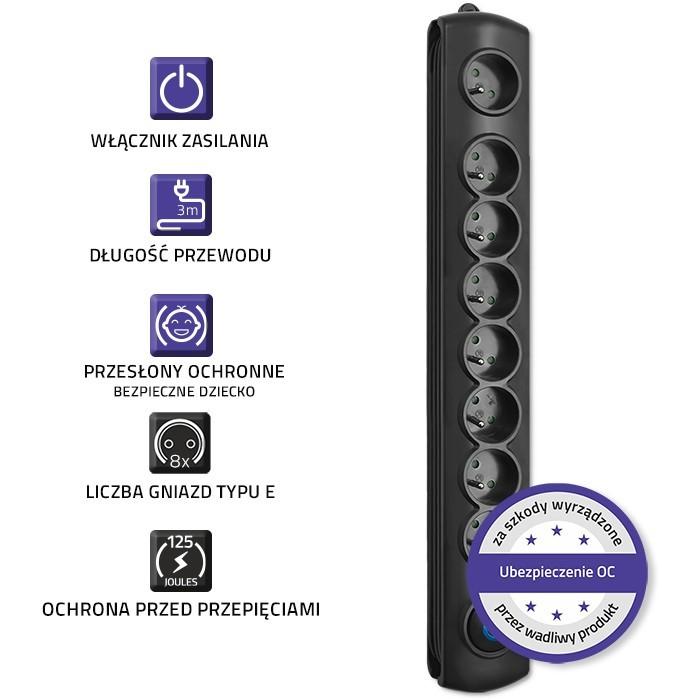 QOLTEC Listwa antyprzepięciowa Quick Switch 8 gniazd 3m