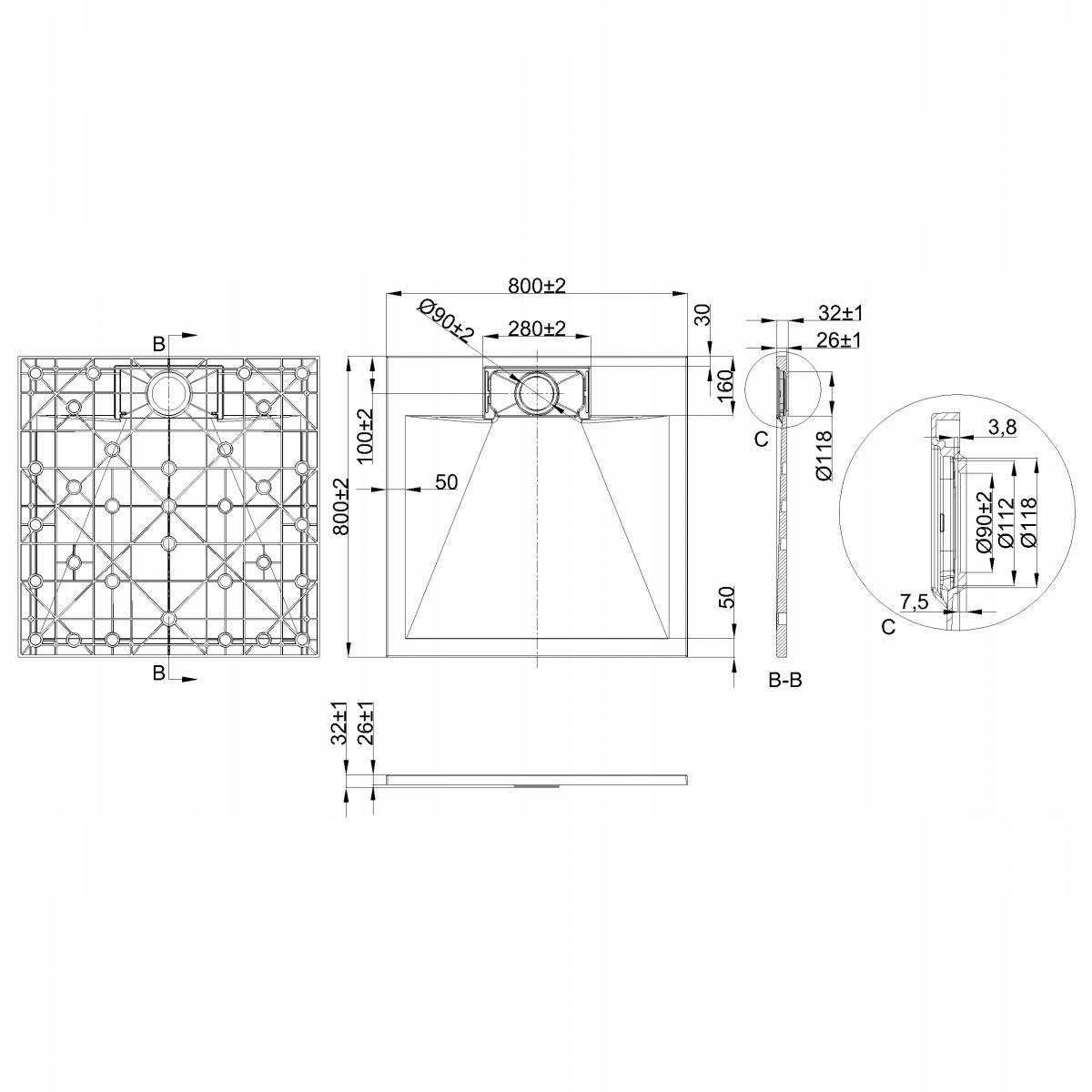 BRODZIK PRYSZNICOWY KWADRATOWY ALVERO INVENA TREND, 80X80 CM CZARNY