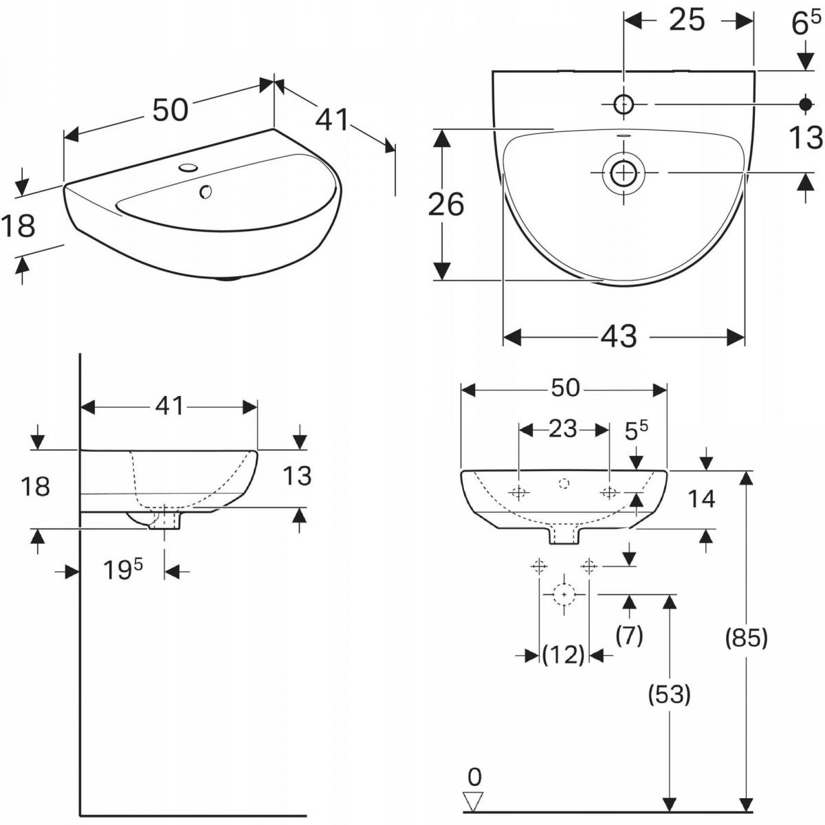 Umywalka kompaktowa Selnova B50 cm, H18 cm, T41 cm, z przelewem, z otworem