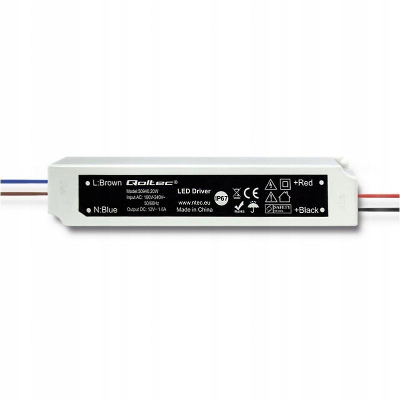 QOLTEC Zasilacz impulsowy LED IP67 20W 12V 1.6A Wodoodporny