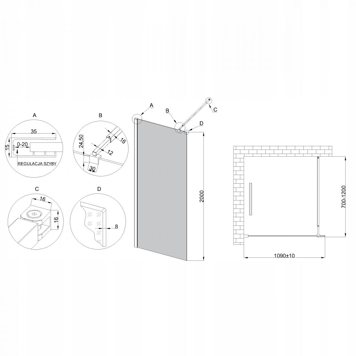 INVENA KABINA WALK-IN II TREND 110X200CM GRAFIT 8MM SHINY-GLASS CZARNY