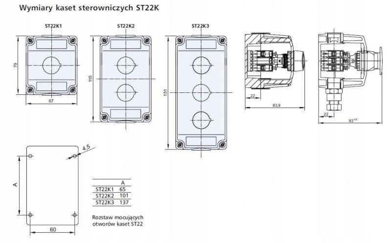 Kaseta sterownicza 3-otworowa z lampką czerwoną 230V, przyciskiem krytym cz