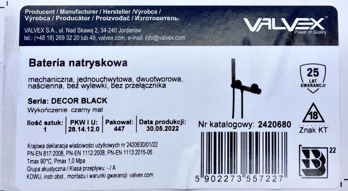 VALVEX DECOR BLACK Bateria natryskowa ścienna z akcesoriami