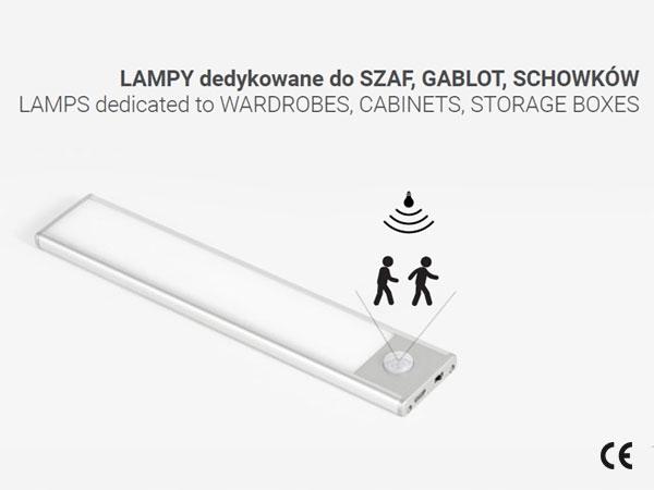 Oprawa meblowa LED do szaf, 200mm, 4000K, light sensor + pir, ładowanie 750