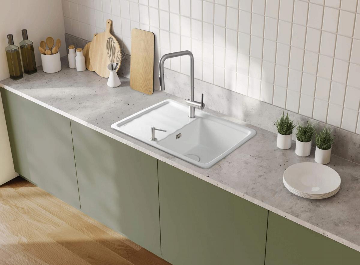 Zlewozmywak ceramiczny Momi, biały, 1-komorowy z ociekaczem 780x500x220 mm