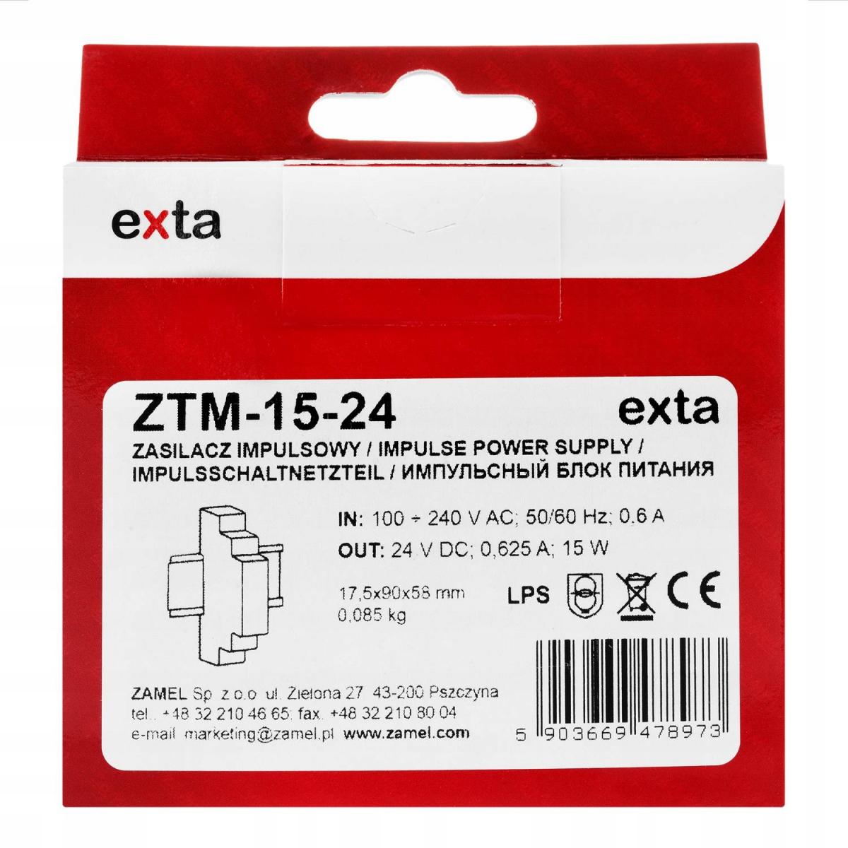 Zasilacz impulsowy montowany na szynie TH-35 (DIN), 15W, 24V DC ZTM-15/24