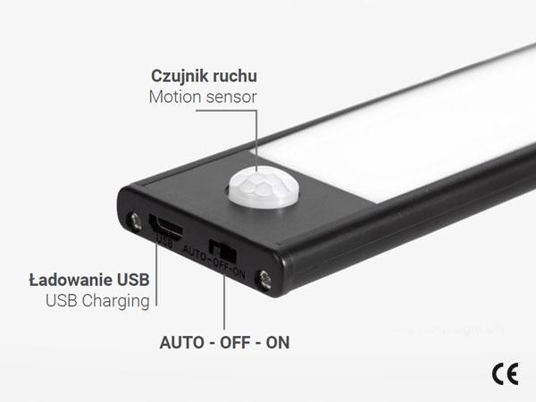Oprawa meblowa LED do szaf, 200mm, 4000K, light sensor + pir, ładowanie 750