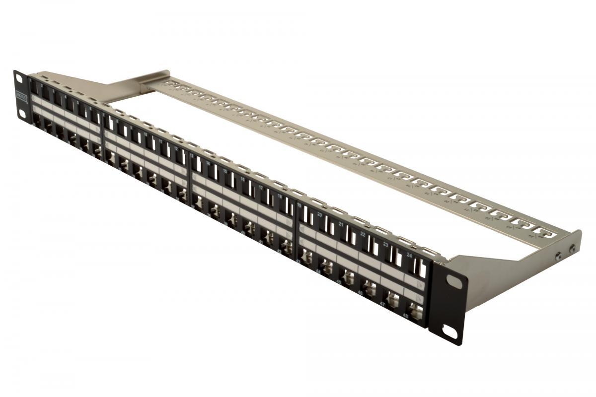 Panel krosowy high density 19 48x keystone, ekran owany, 1U, czarny, prowa