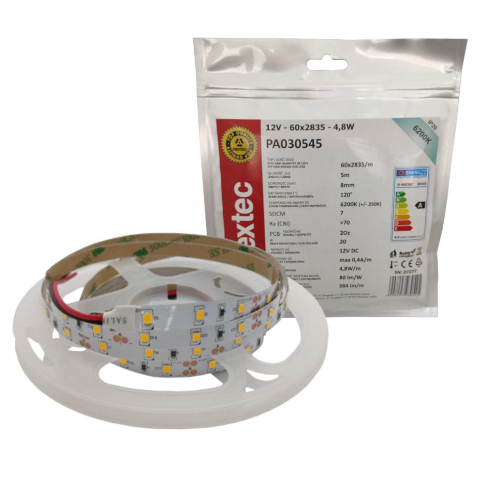 Taśma LED NEXTEC ST / 12V / 2835 / 4,8W / 60 LED / IP20 / 6200K +/-250K / 8