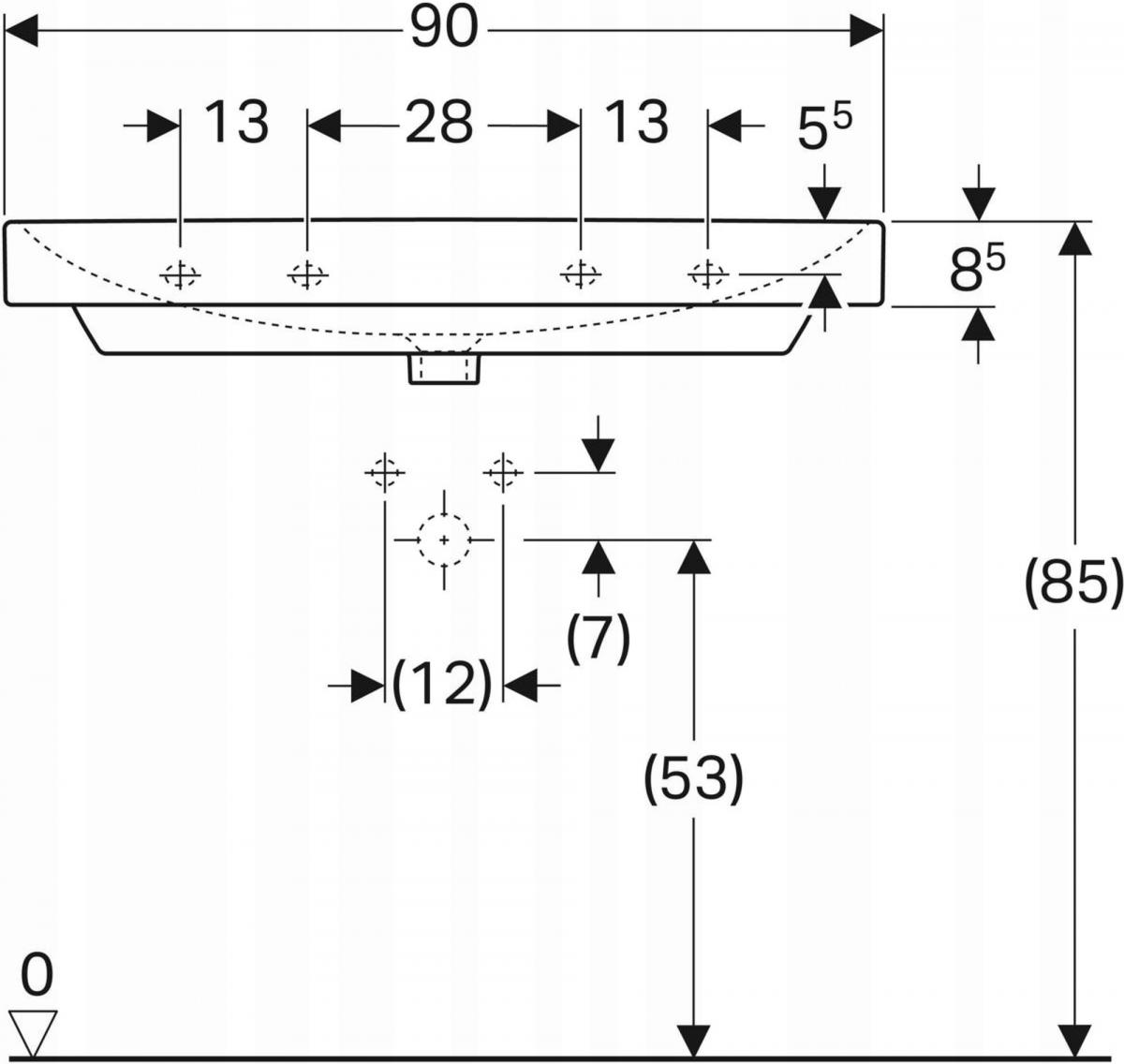 Umywalka Smyle Square B90 cm, H16.5 cm, T48 cm, z przelewem, z dwoma otwora