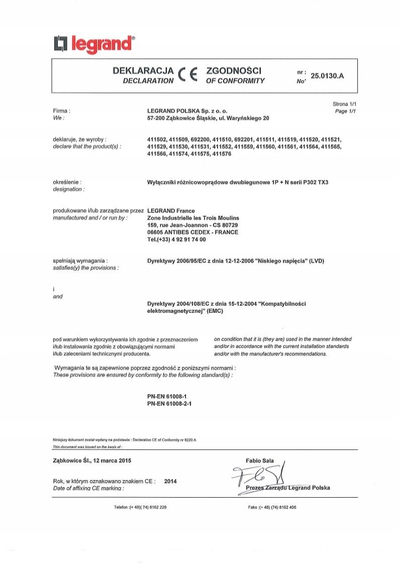 LEGRAND Wyłącznik różnicowoprądowy P302 2P 63A 30MA TYP AC TX3