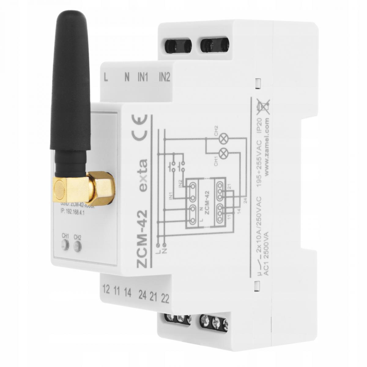 Programator czasowy ustawiany poprzez Wi-Fi, 2xNO/NC 16A, 230V AC ZCM-42