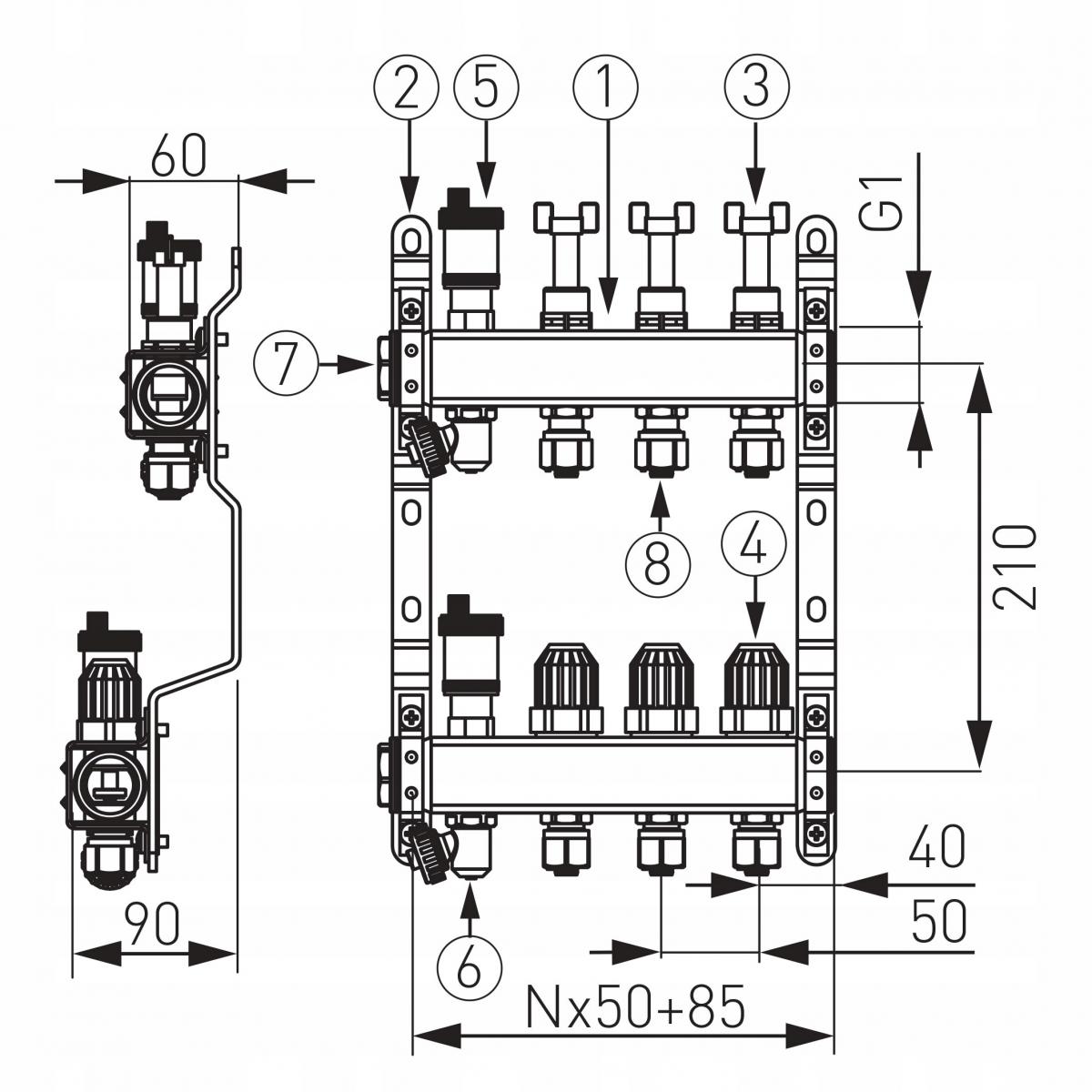 Rozdzielacz 9-drogowy z zaworami term, przepływomierzami i złączkami, stal